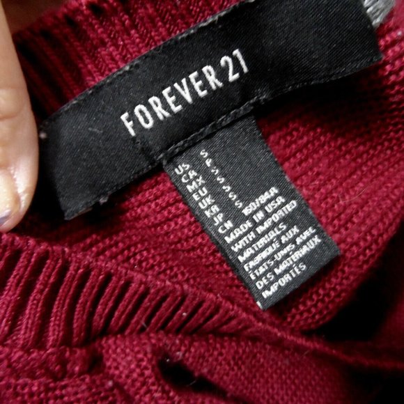 FOREVER21 Sweater Top S Burgundy crochet Crop Ribbed knit Crew neck Fall Basics - Picture 6 of 6